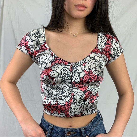 guess jeans xs pink and white silk floral abstract blouse - Picture 2 of 16